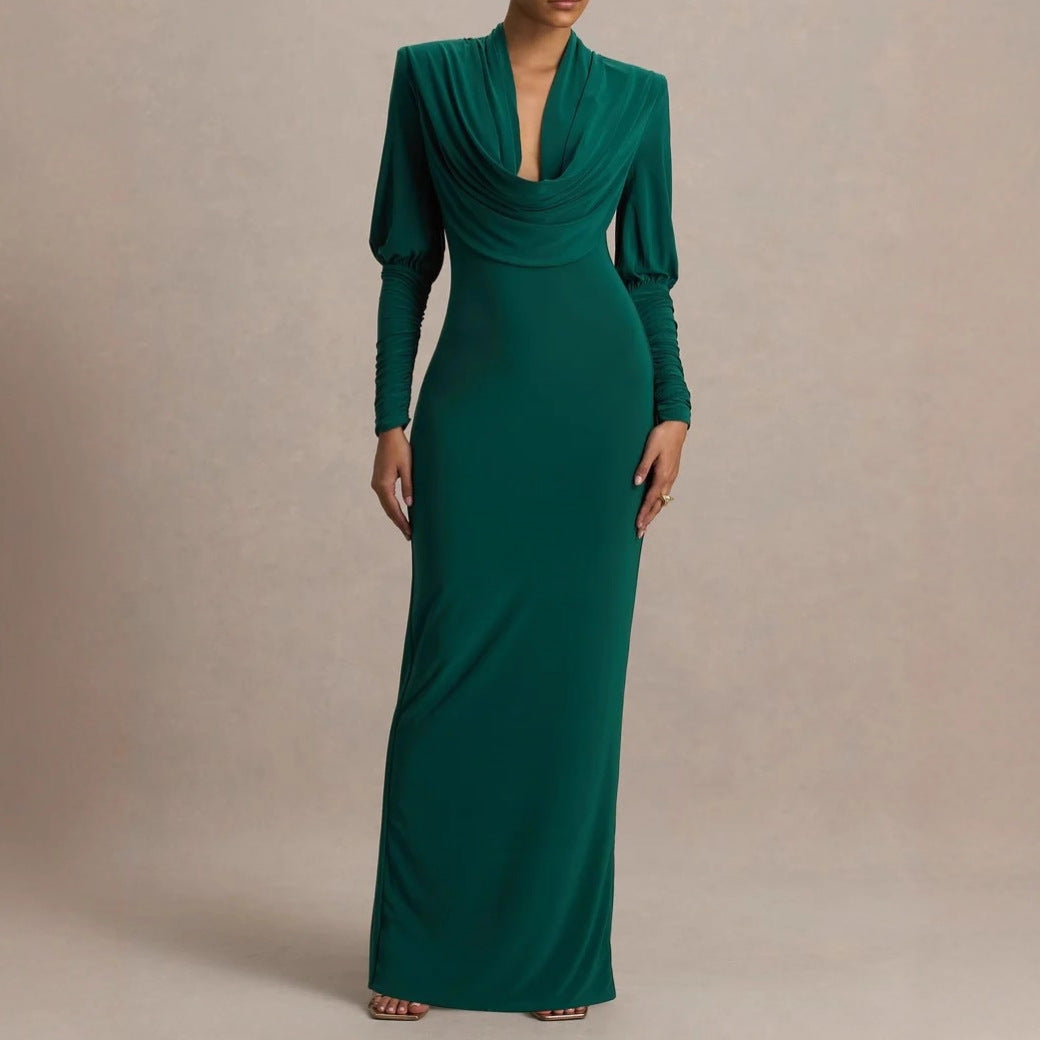 Dark green long-sleeve maxi dress with draped cowl neckline and fitted waist
