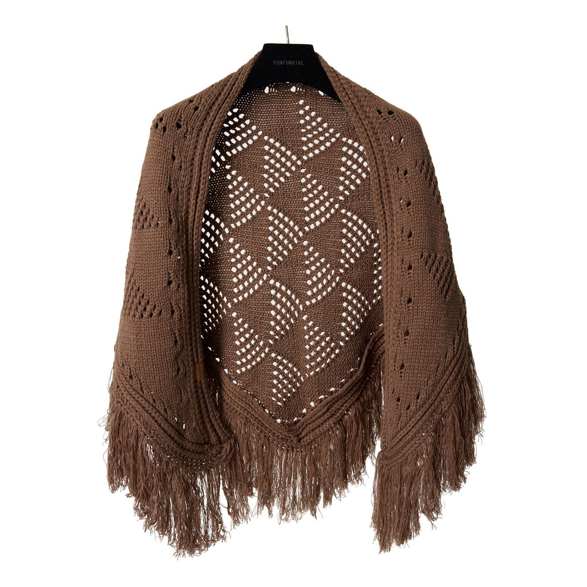 Brown crochet triangle shawl with hollow diamond pattern and long fringe tassels.