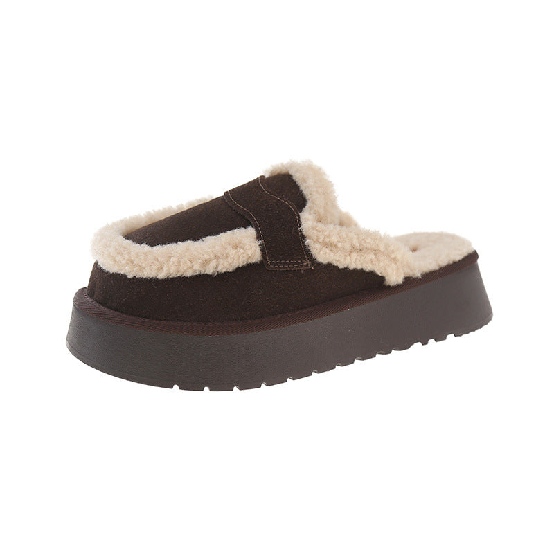 Fur-lined platform clog slippers with back strap, dark faux suede and beige fleece trim