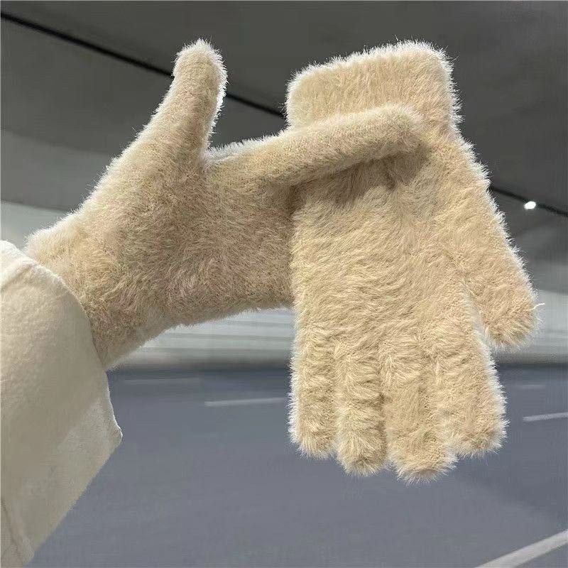 Beige faux mink-style winter gloves with long cuffs