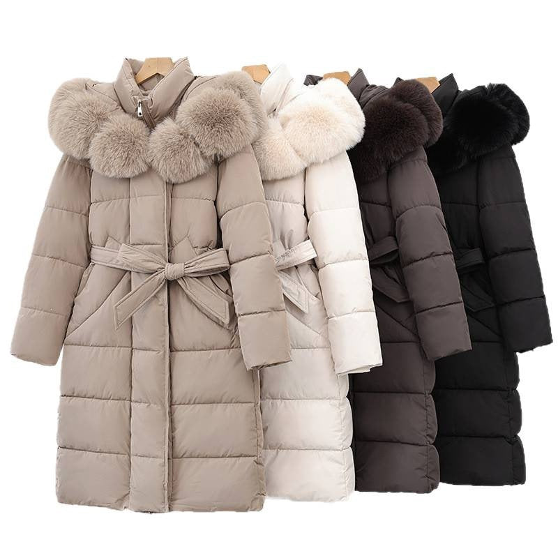 Women's hooded padded cotton coats, faux fur collars in beige, white, brown, black