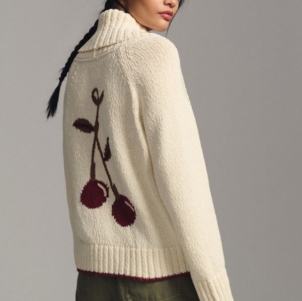 Beige long-sleeve knit sweater coat with large back floral embroidery and ribbed hem