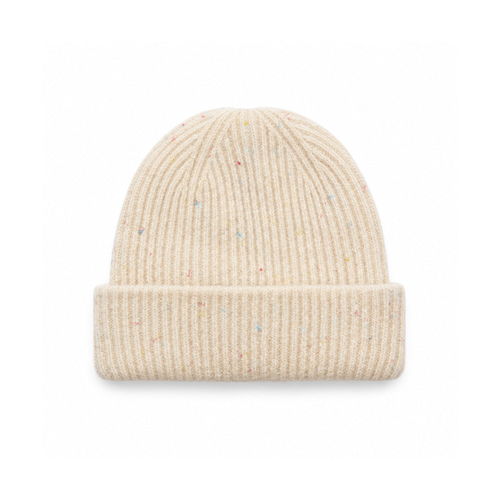 Camel speckled rib-knit beanie with a wide folded cuff, front view.