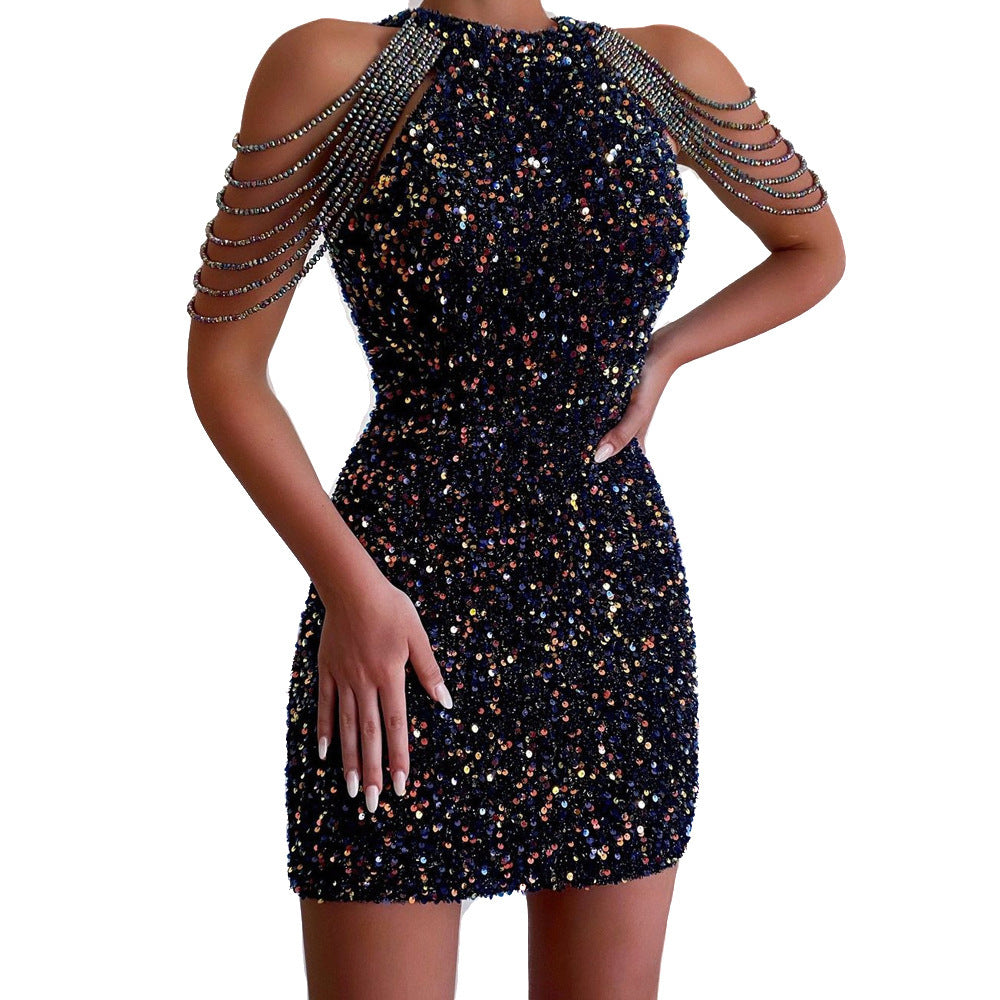 Black sequin halter bodycon mini dress with crystal chain shoulder fringe