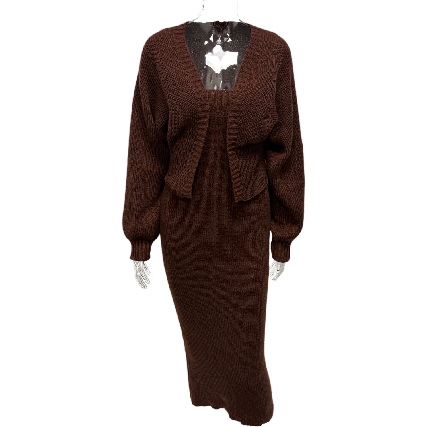 Brown knit cardigan and midi dress two-piece set, front view on mannequin, long sleeves
