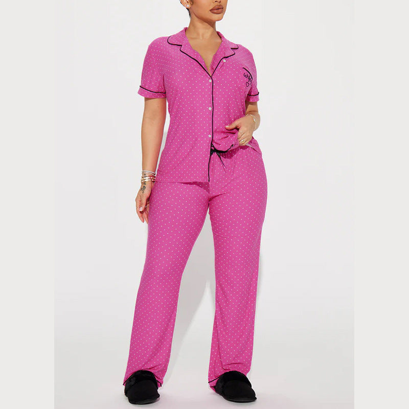Pink-purple printed women's front-open lapel pajama set with short sleeves and trousers