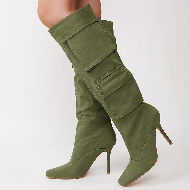 Cargo Knee High Boots for Women — Stiletto Heel with Flap Pockets in Faux Suede