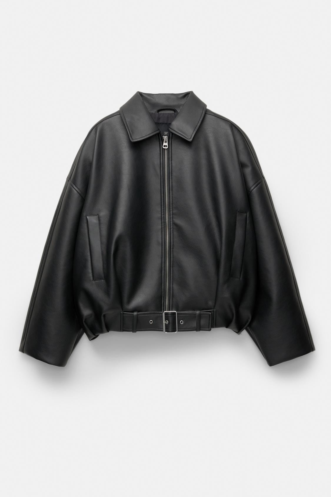 Black faux leather pilot jacket with front zipper, stand collar, and waist belt