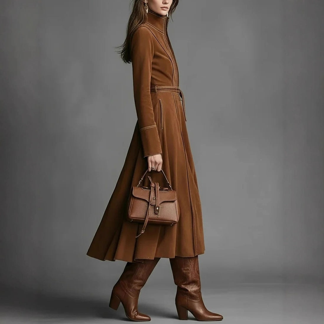 Tan stand-collar long-sleeve dress with drawstring waist, pockets, and flared skirt.