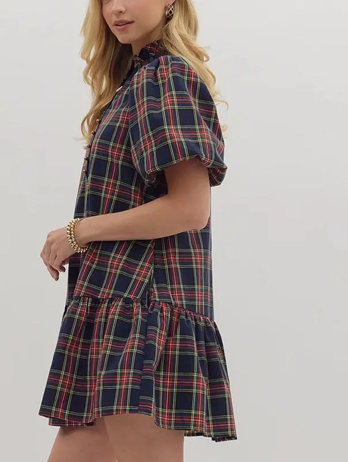 Navy plaid A-line dress with short puff sleeves and elastic waist, tiered skirt