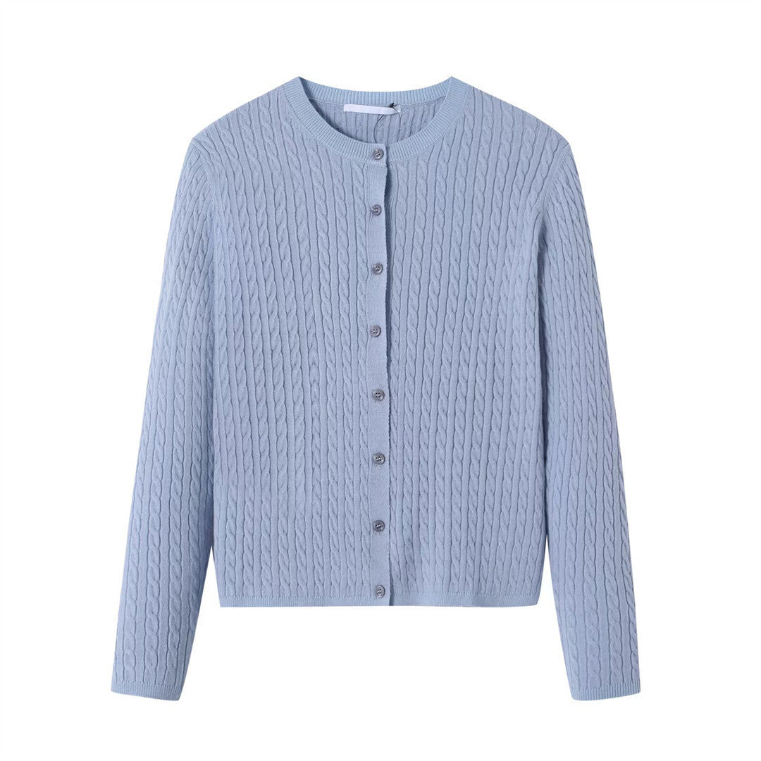 Cable Knit Cardigan for Women — Classic Crew Neck Button Front in Soft Merino Wool