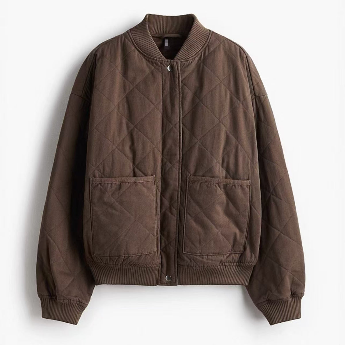 Dark brown quilted cotton bomber jacket with stand collar and front patch pockets