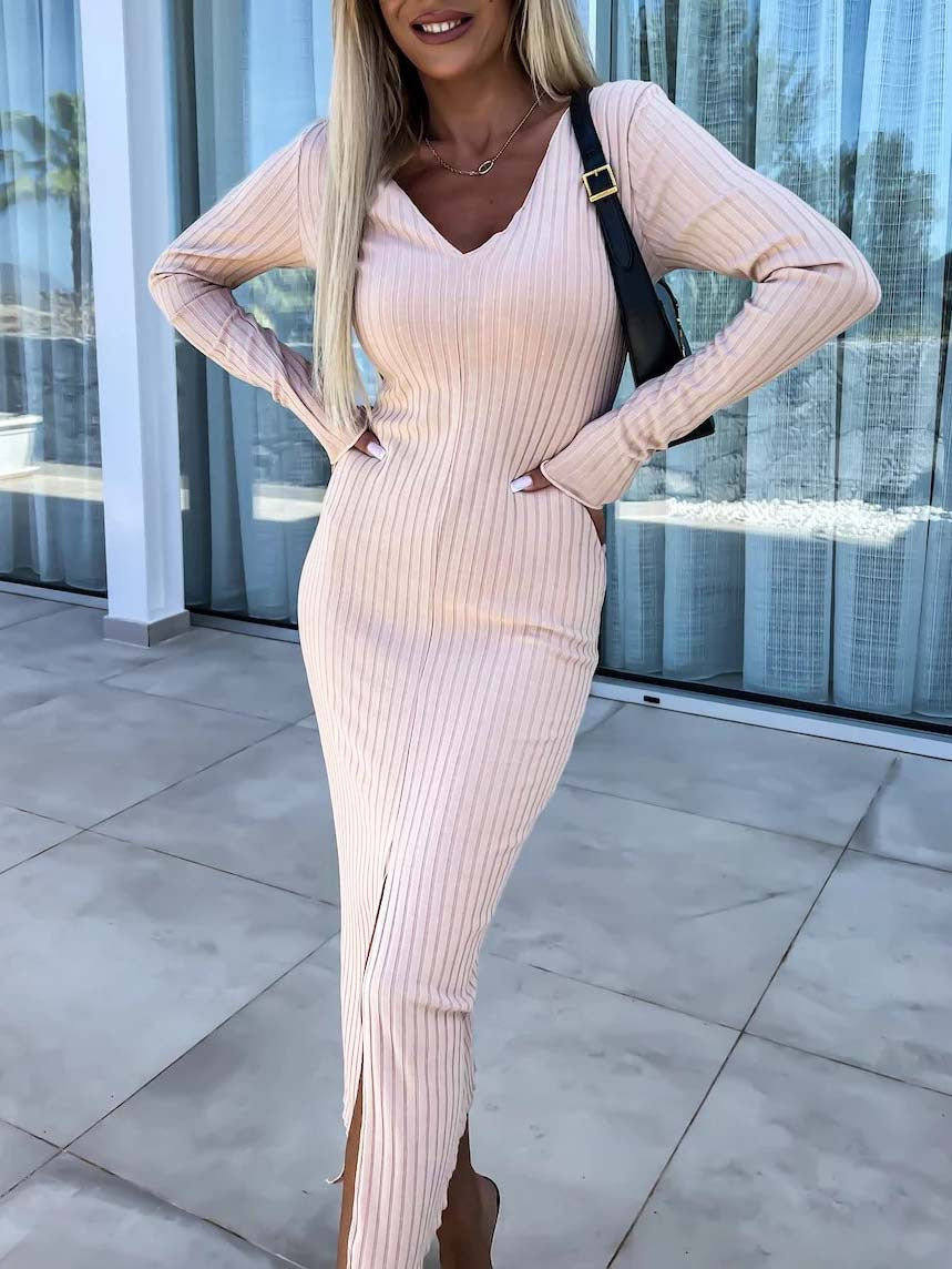 Apricot ribbed knit sweater dress with V-neck and long sleeves, bodycon fit