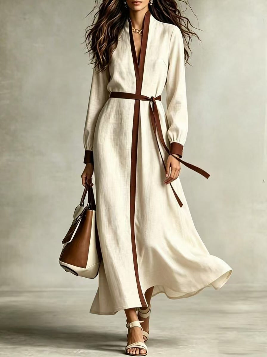 Ivory women's V-neck tie-waist long-sleeve maxi dress with flowing skirt