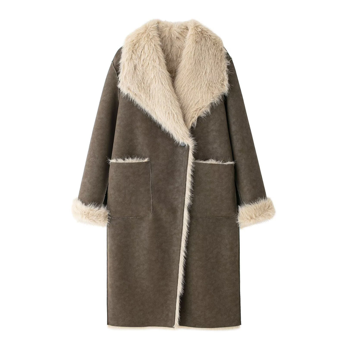 Shearling Coat for Women — Long Faux Suede with Oversized Faux Fur Collar and Cuffs