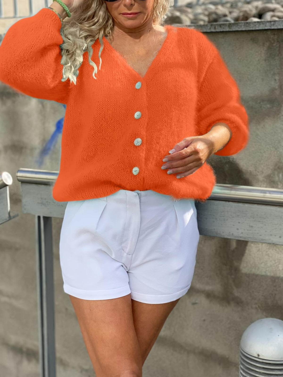 Mohair Cardigan for Women — Oversized V Neck Button Front Knit with Contrast Buttons