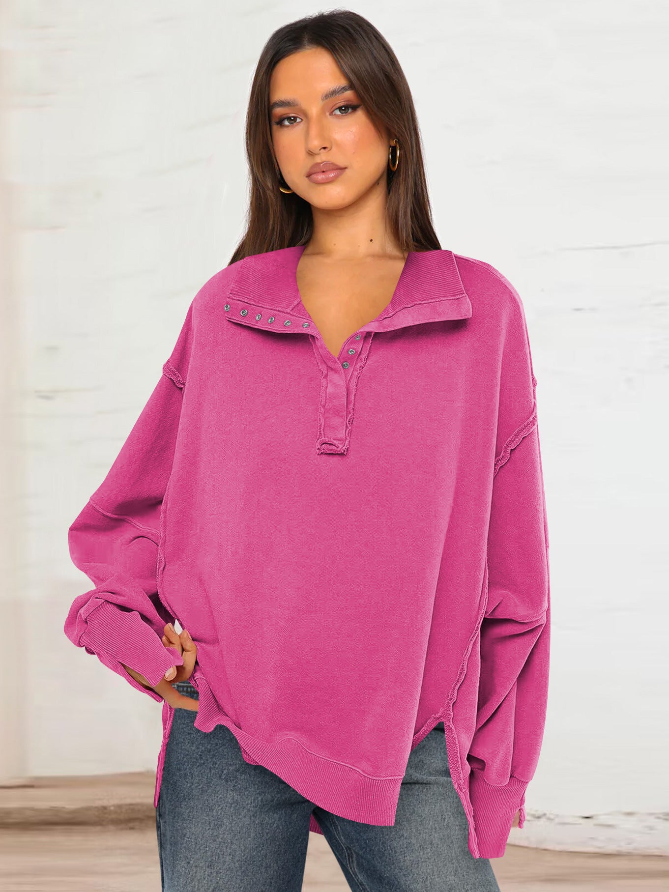 Women's fuchsia-pink polo-collar sweatshirt top with button placket and lantern sleeves