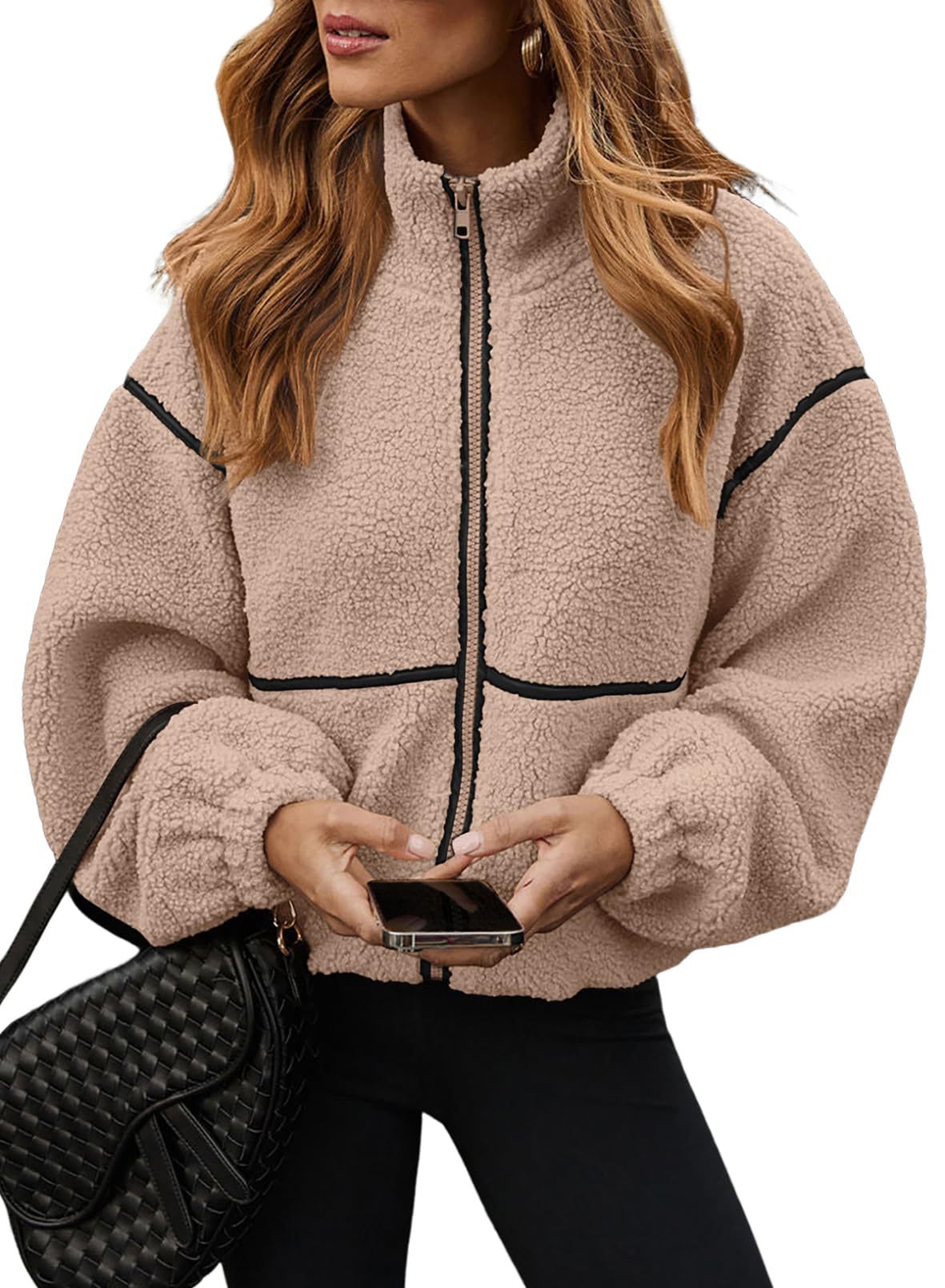 Women's faux shearling sherpa zip-up jacket, cropped oversized fit, tan contrast trim