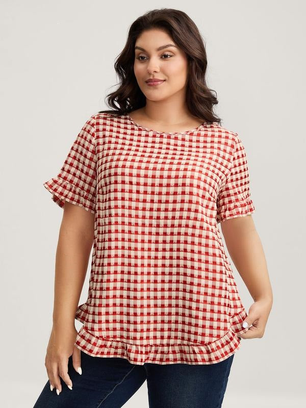 Gingham Blouse — Short Sleeve Ruffle Trim Top with a Back Button Placket in Cotton