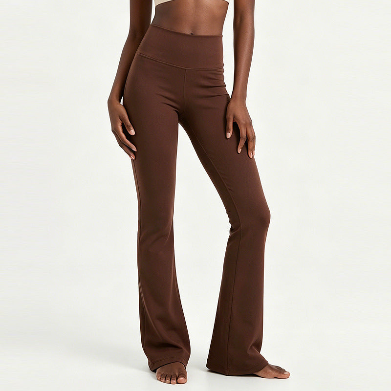 High-waisted flare yoga pants in dark brown, contoured waist and flared bottom