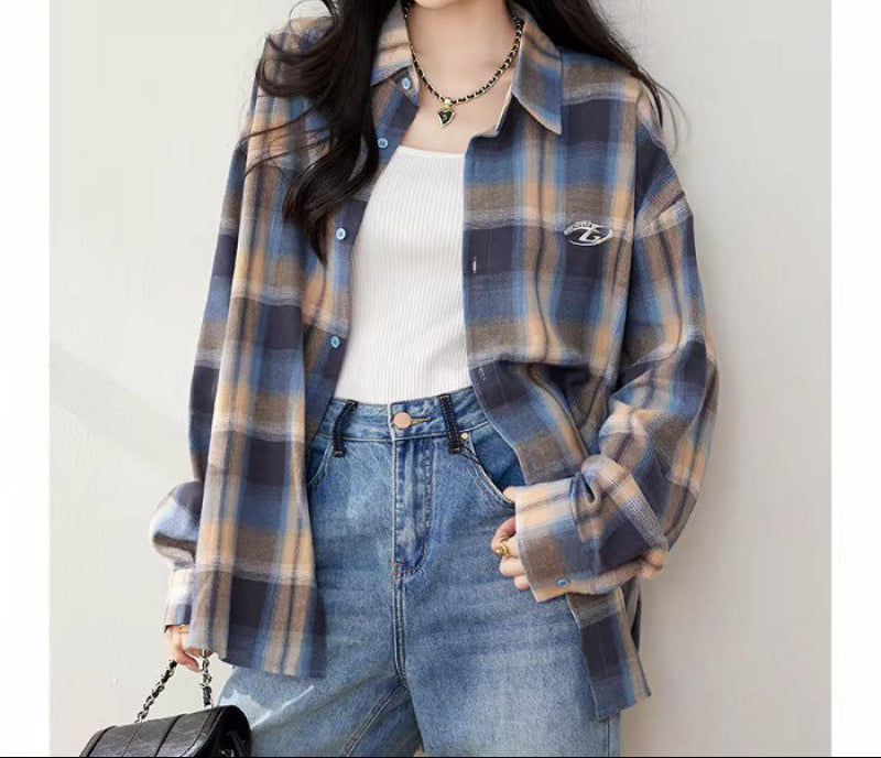 Oversized Plaid Shirt for Women — Button Front Layering Top with Chest Pocket in Brushed Cotton