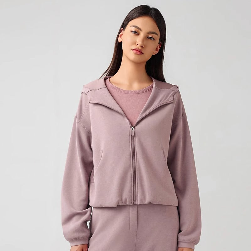 Cropped Zip Up Hoodie for Women — Oversized Hood and Elastic Hem in Brushed Cotton Blend