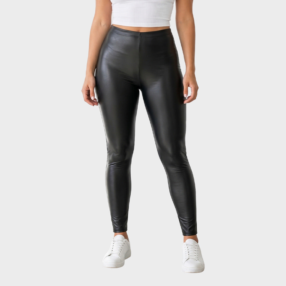Black high-waisted faux leather leggings with slim skinny fit, full length