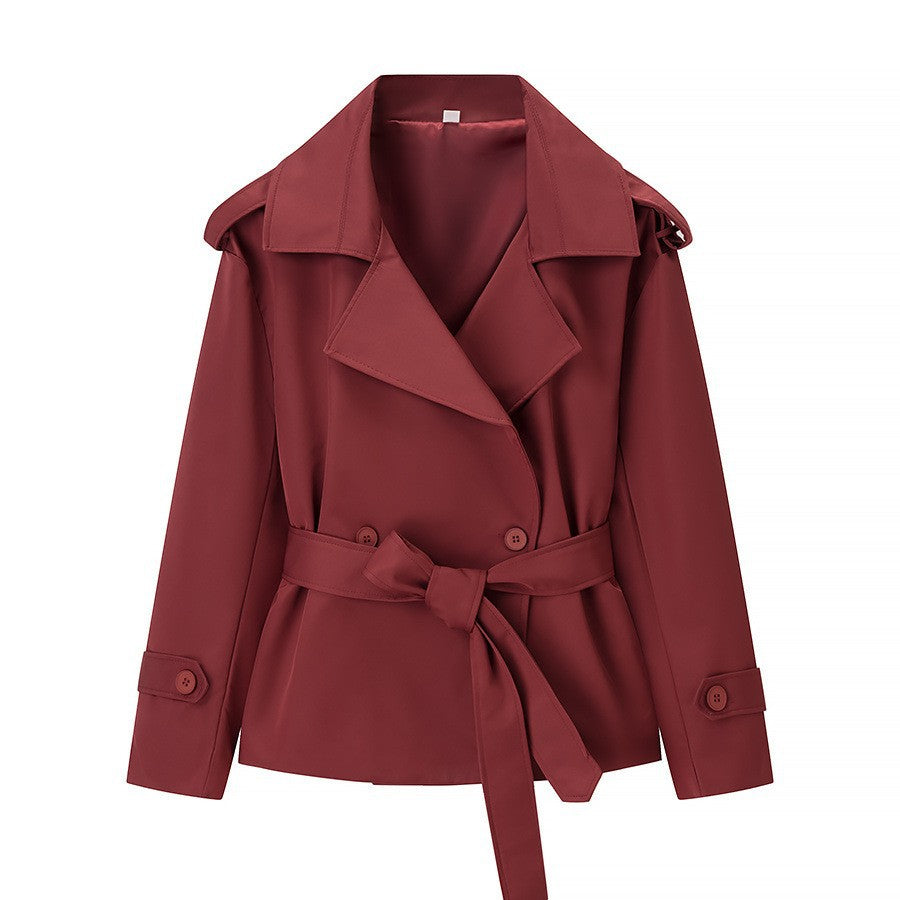 Wine red belted trench coat with notched lapels and tie waist, long sleeves