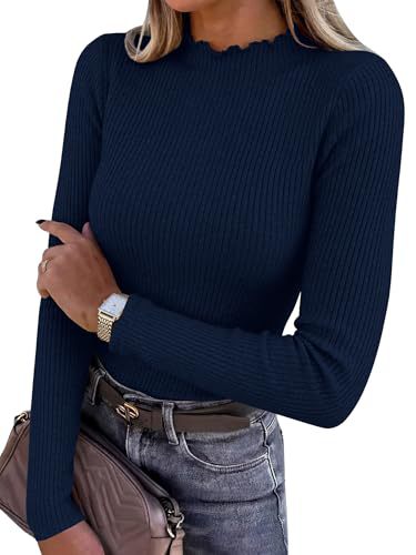 Mock Neck Top for Women — Fitted Ribbed Long Sleeve Knit with Lettuce Trim in Viscose