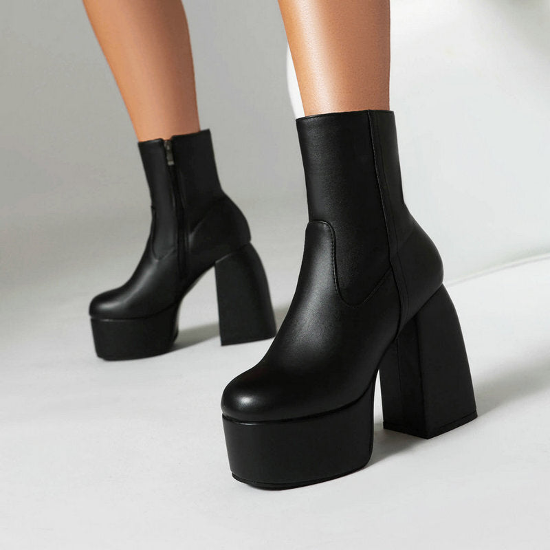 Platform Ankle Boots for Women — Chunky Block Heel Side Zip Booties in Faux Leather