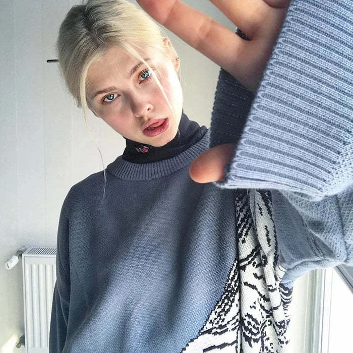 Graphic Knit Sweater for Women — Oversized Drop Shoulder Pullover in Cotton Blend