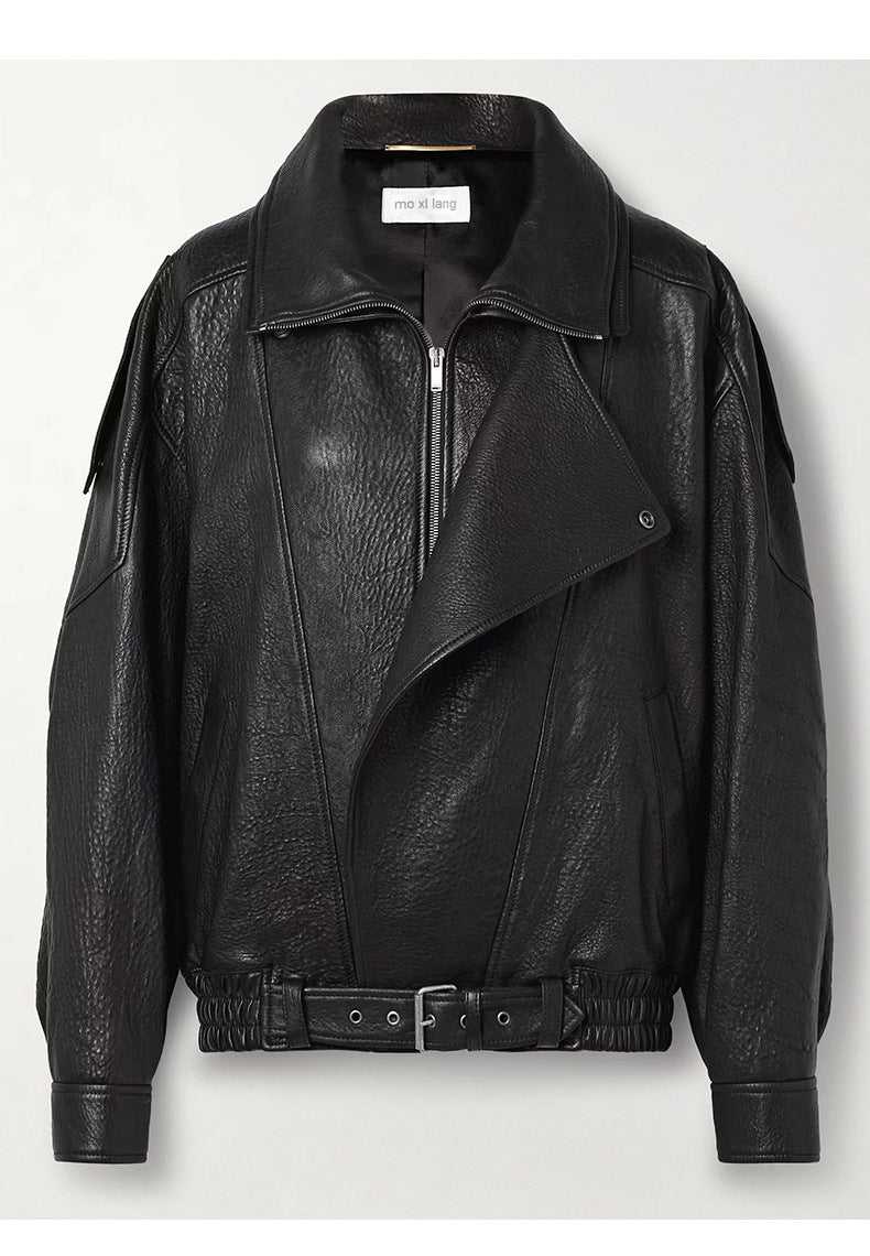 Black leather motorcycle jacket with double collar, zip front, and belted waist