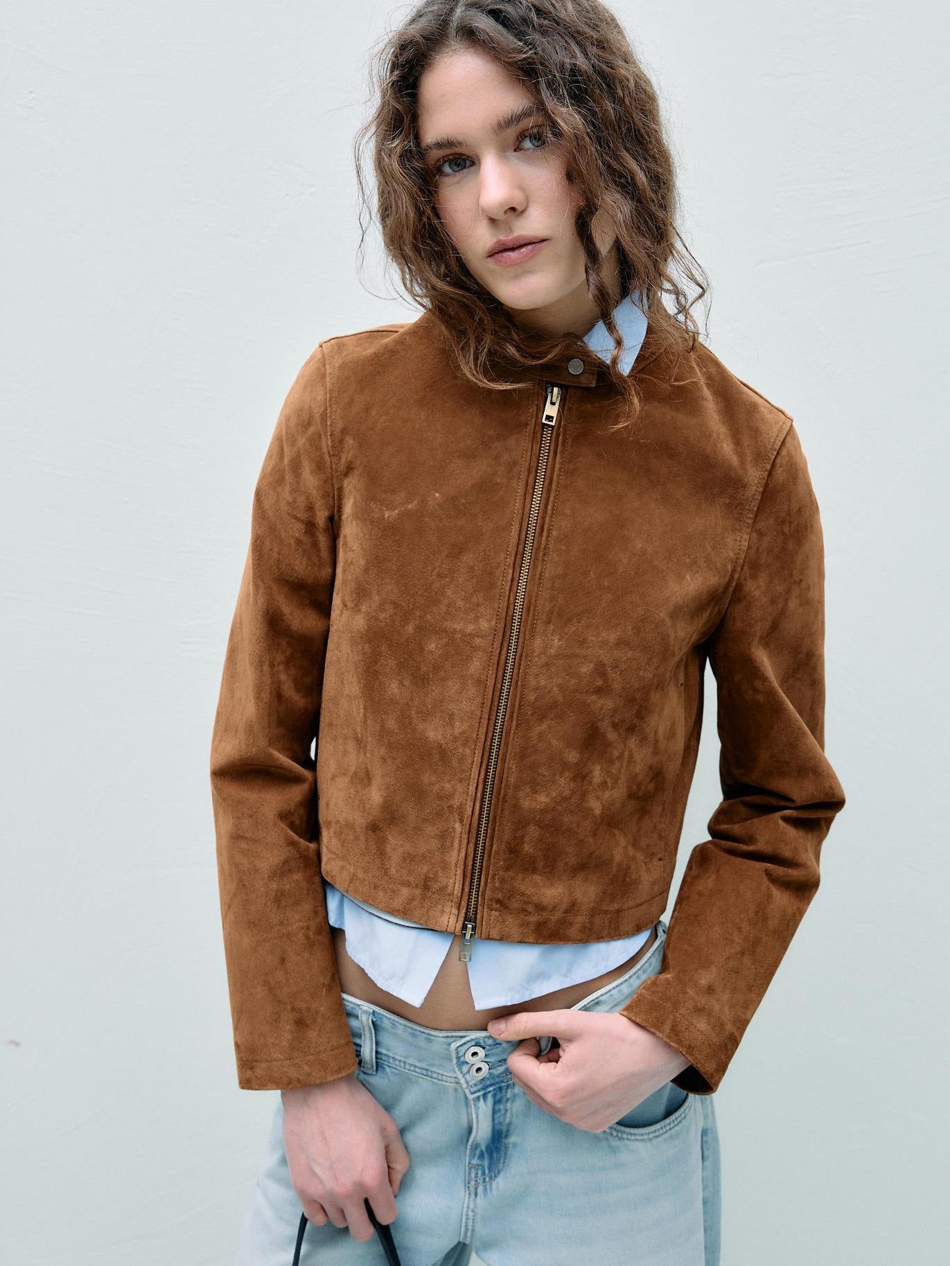 Women's brown faux suede moto jacket with zip front and stand collar