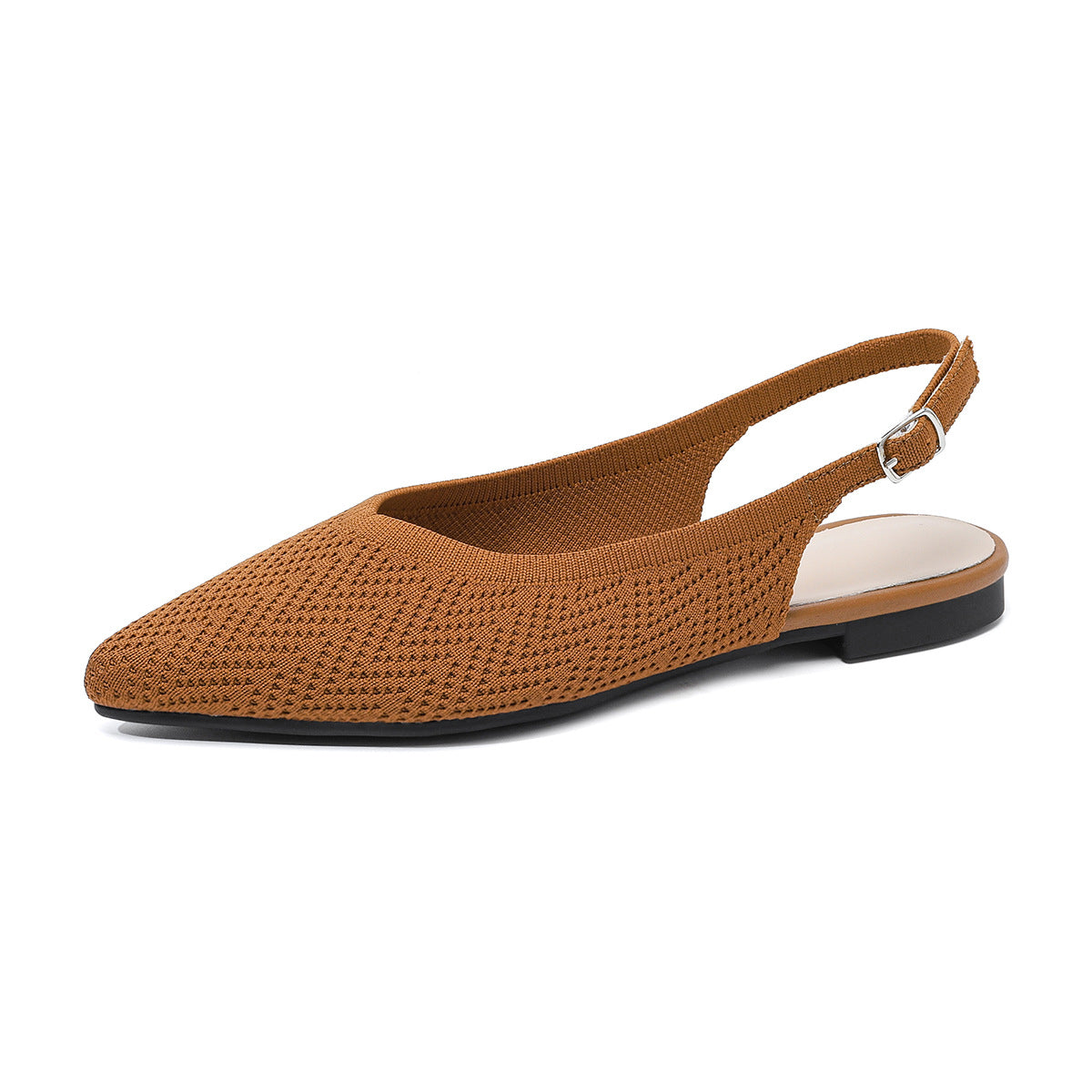 Apricot orange netted woven pointed-toe slingback sandals with low thick heel