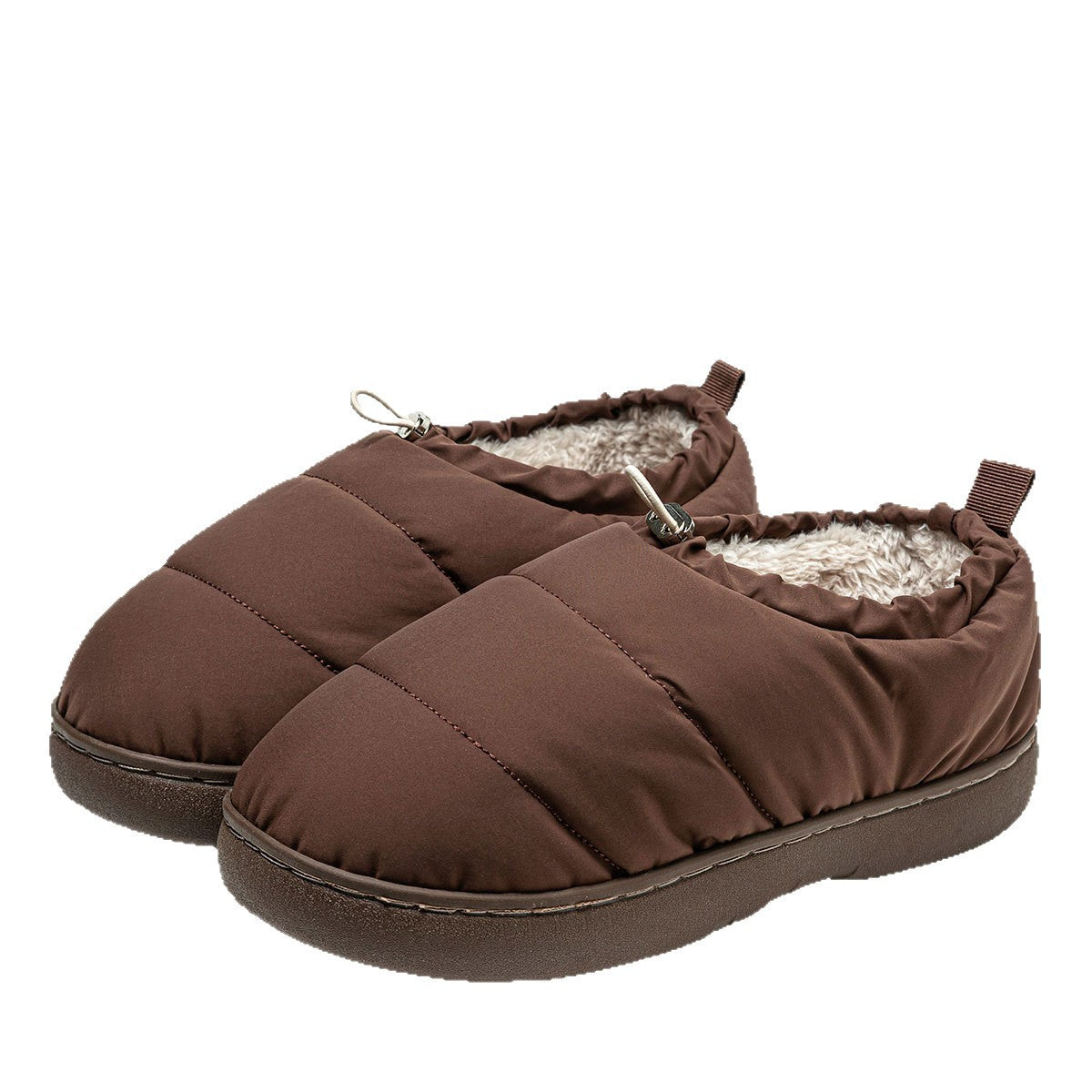 Men's brown cotton slippers with fleece lining, quilted upper and cinch strap