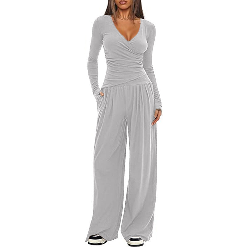 Women’s relaxed wide-leg pants with elastic waistband, light gray drape