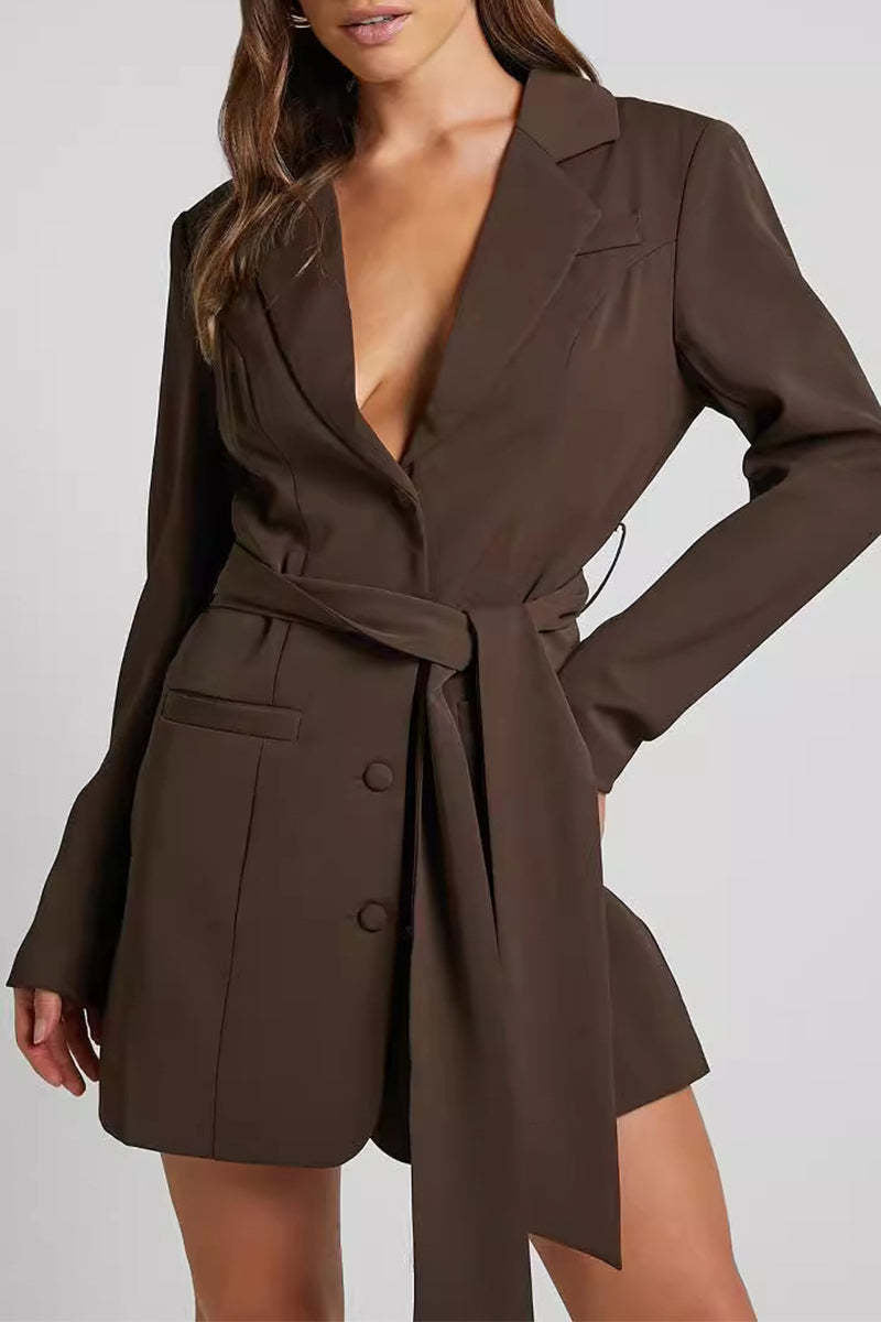 Women's brown belted blazer dress front view with V-neck, button front