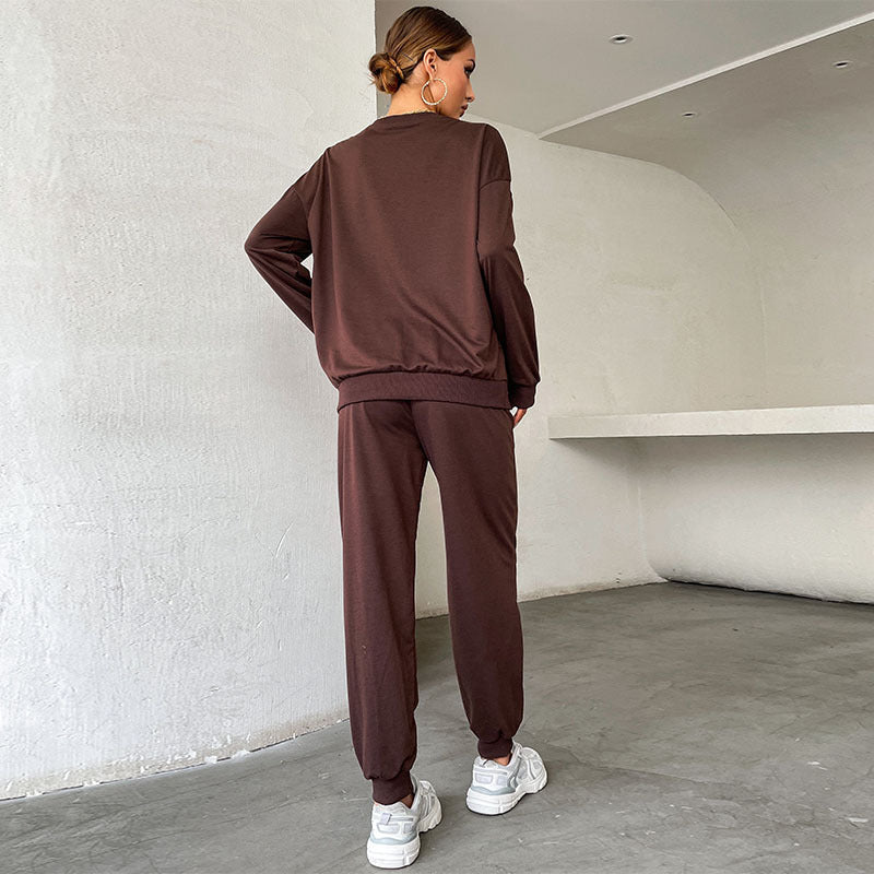 Dark brown women's sweatshirt and jogger pants set, plain back design