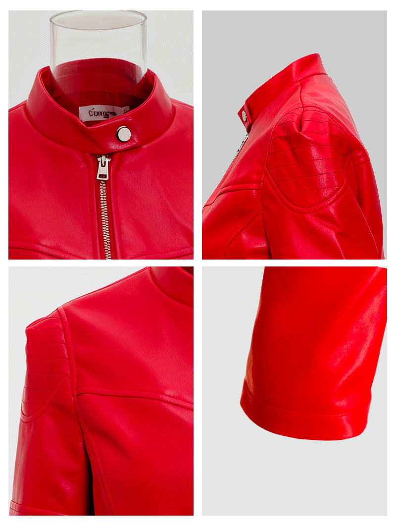Red faux leather moto jacket detail close-ups: snap collar, zipper pull, stitching