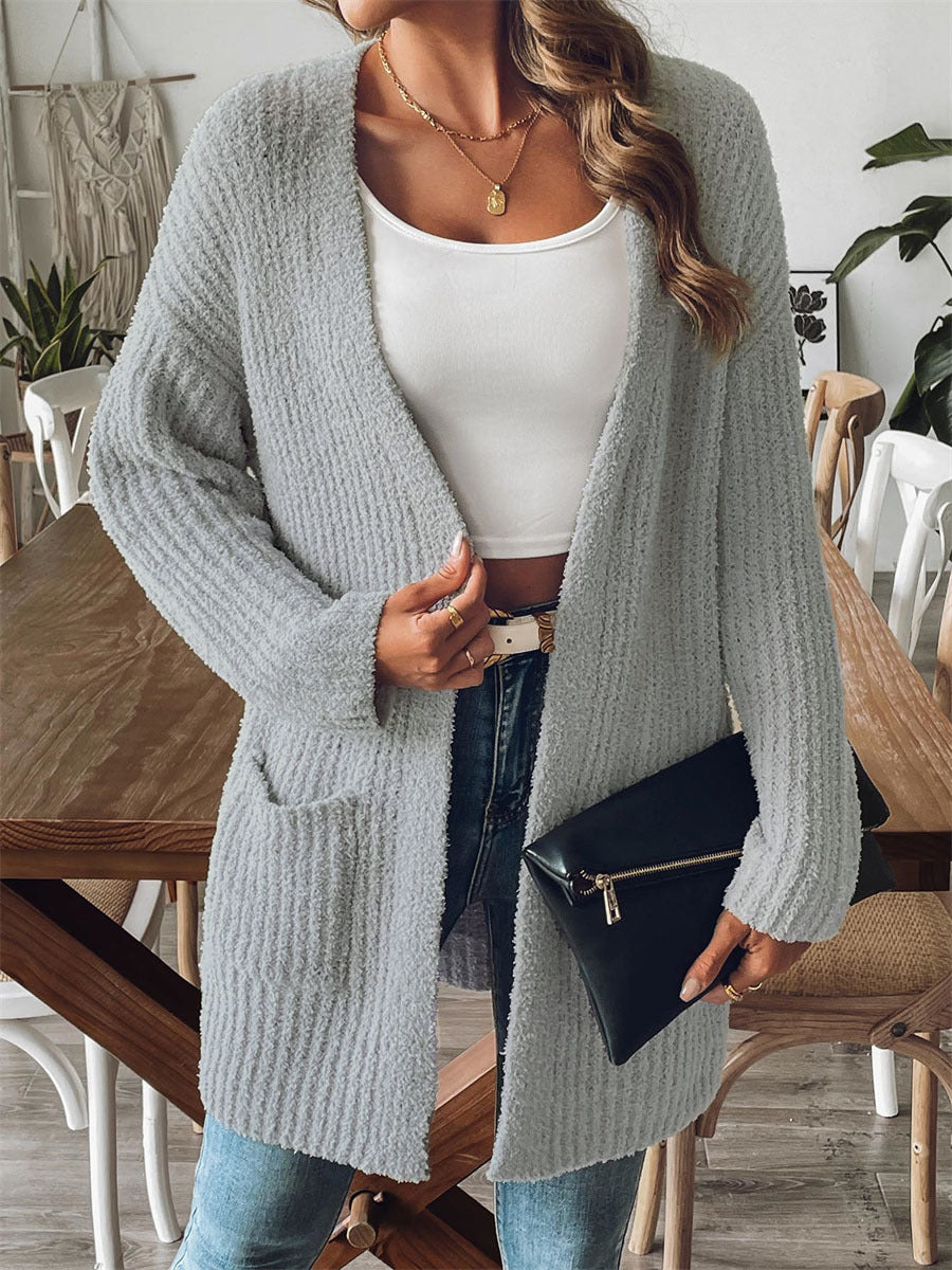 Women's light gray plush cardigan, open front, long sleeves, patch pockets