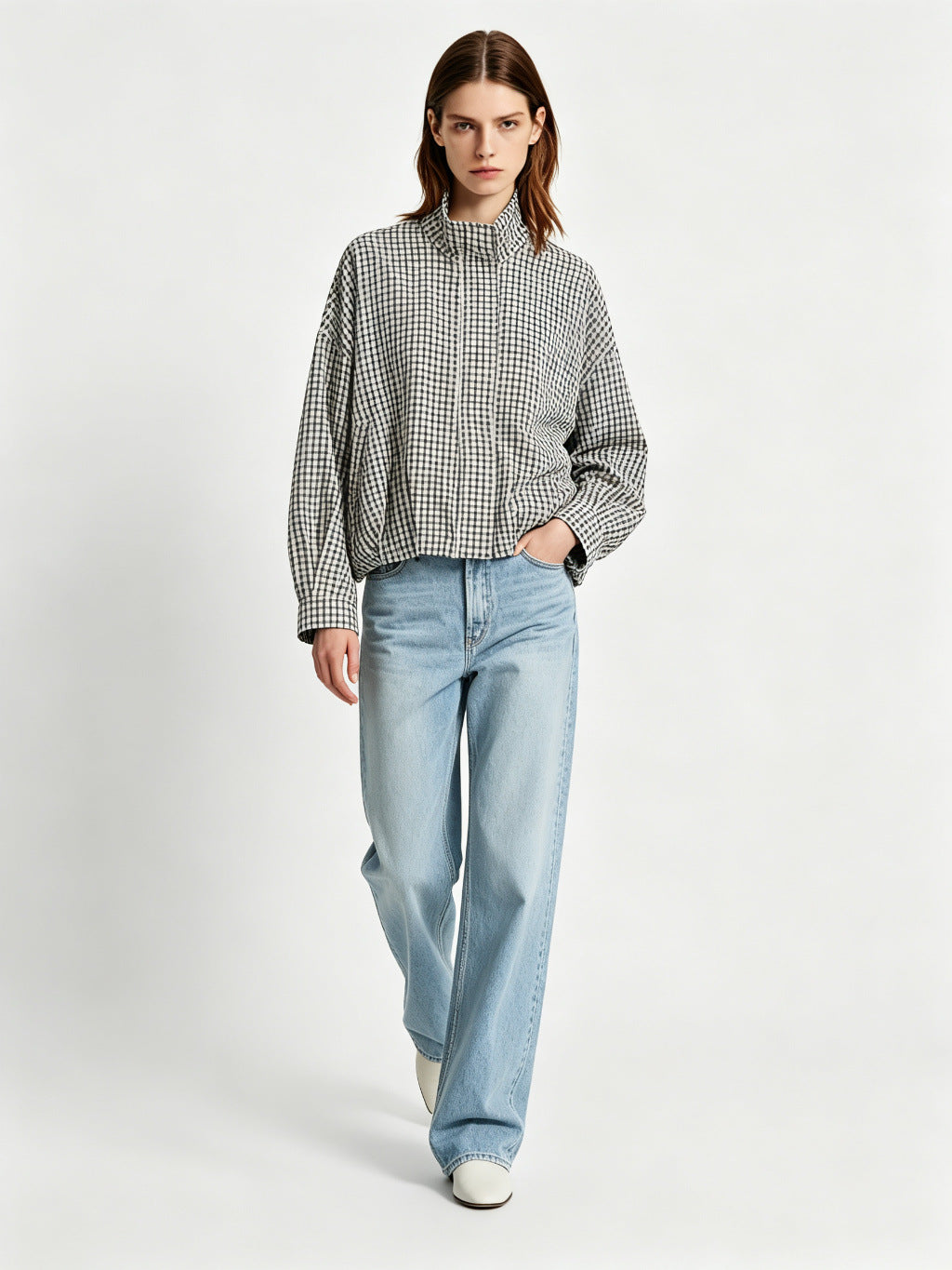 Cropped Jacket for Women — Gingham Stand Collar Bomber with Blouson Hem in Cotton