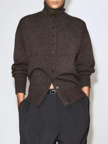 Dark brown high-collar button-front knit cardigan with ribbed cuffs
