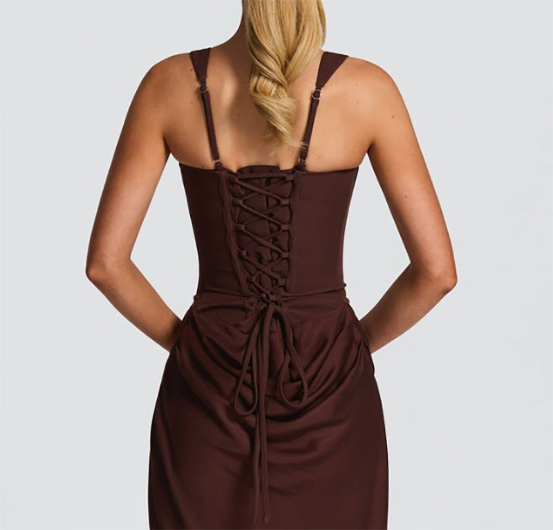 Brown ruched bodycon maxi dress with lace-up back and spaghetti straps
