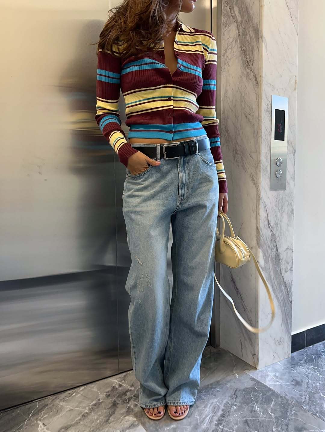 Brown and multicolor striped cardigan sweater with collar, button front, long sleeves