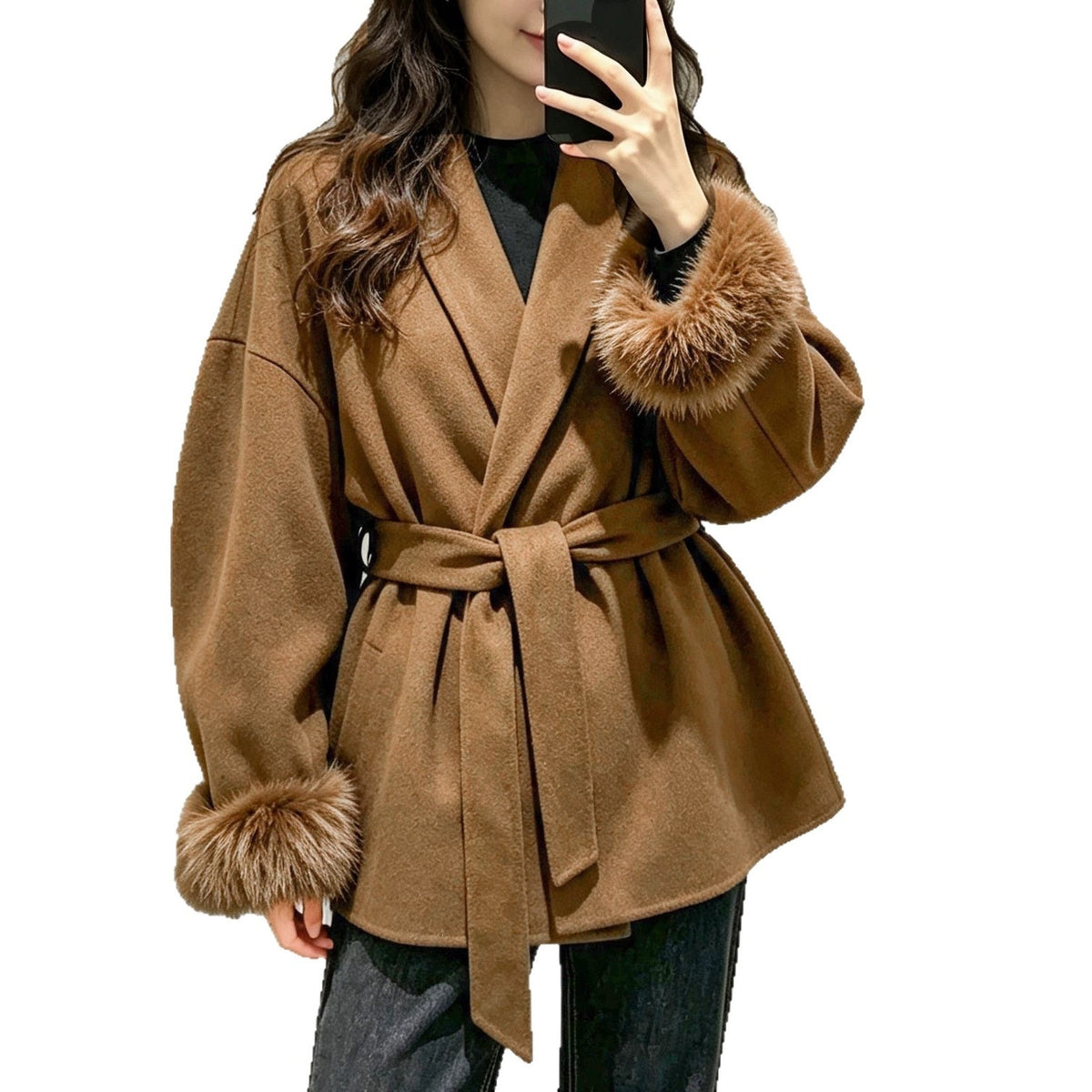 Brown wool wrap coat with turn-down collar, tie belt, and fur-trimmed cuffs.