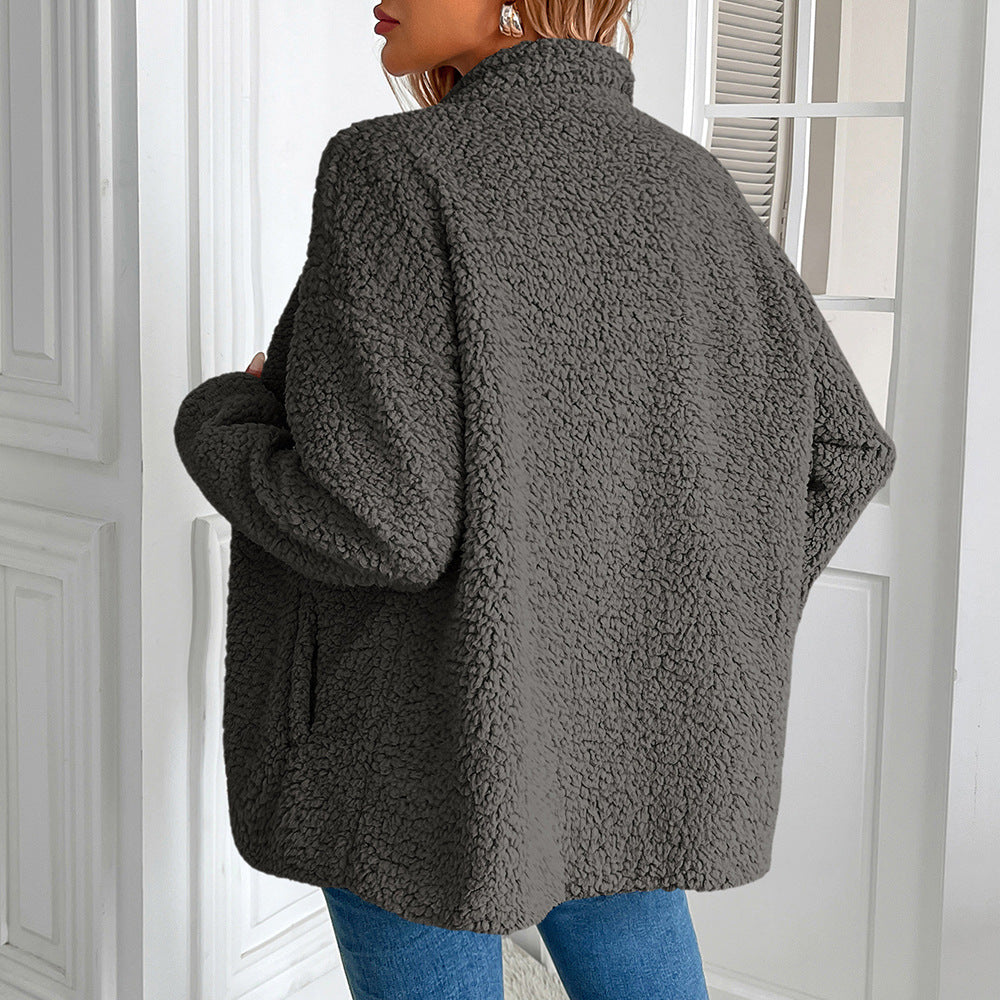 Women’s black sherpa zip-up jacket coat, back view with long sleeves