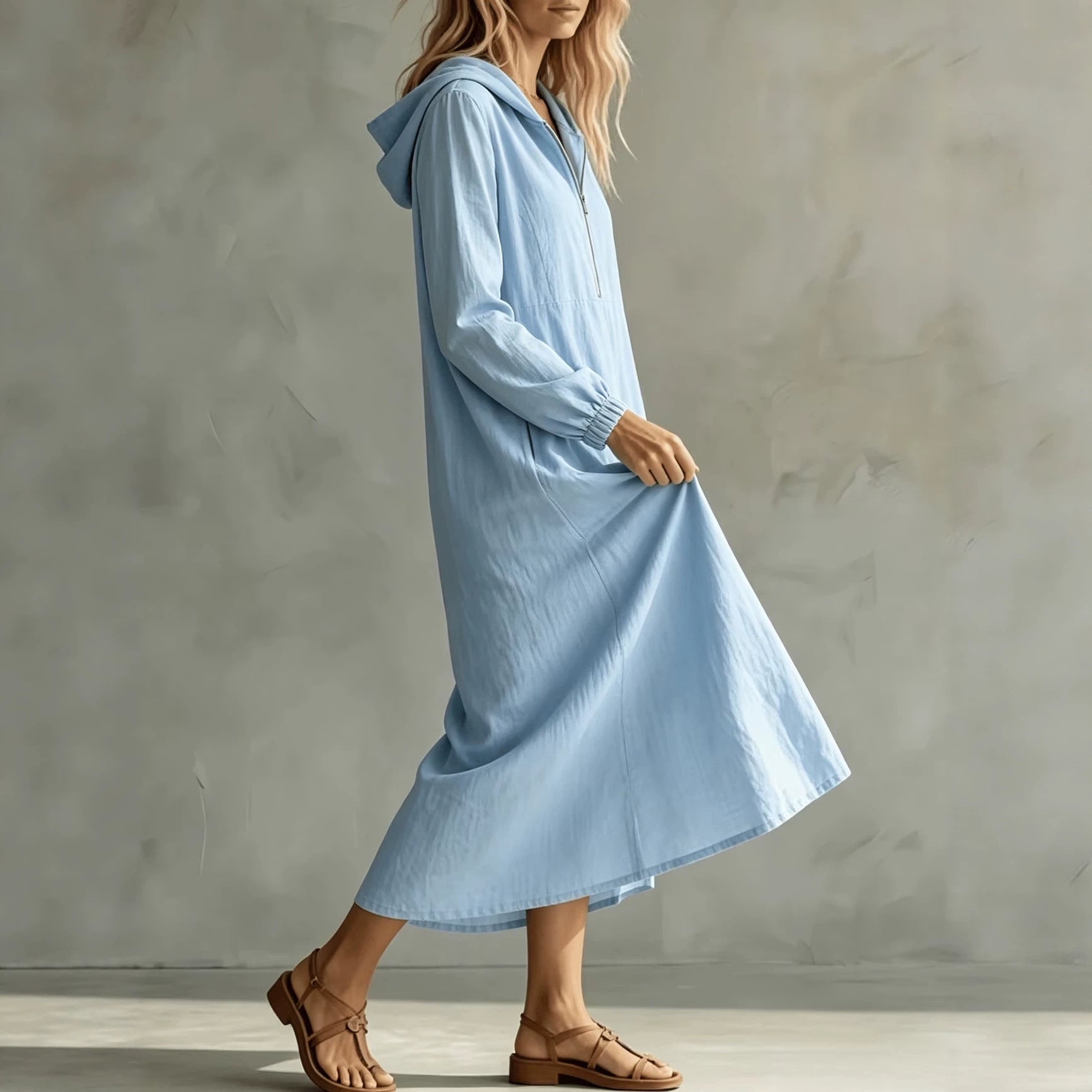 Long Sleeve Linen Maxi Dress — Casual Hooded Half Zip Style with Deep Side Pockets
