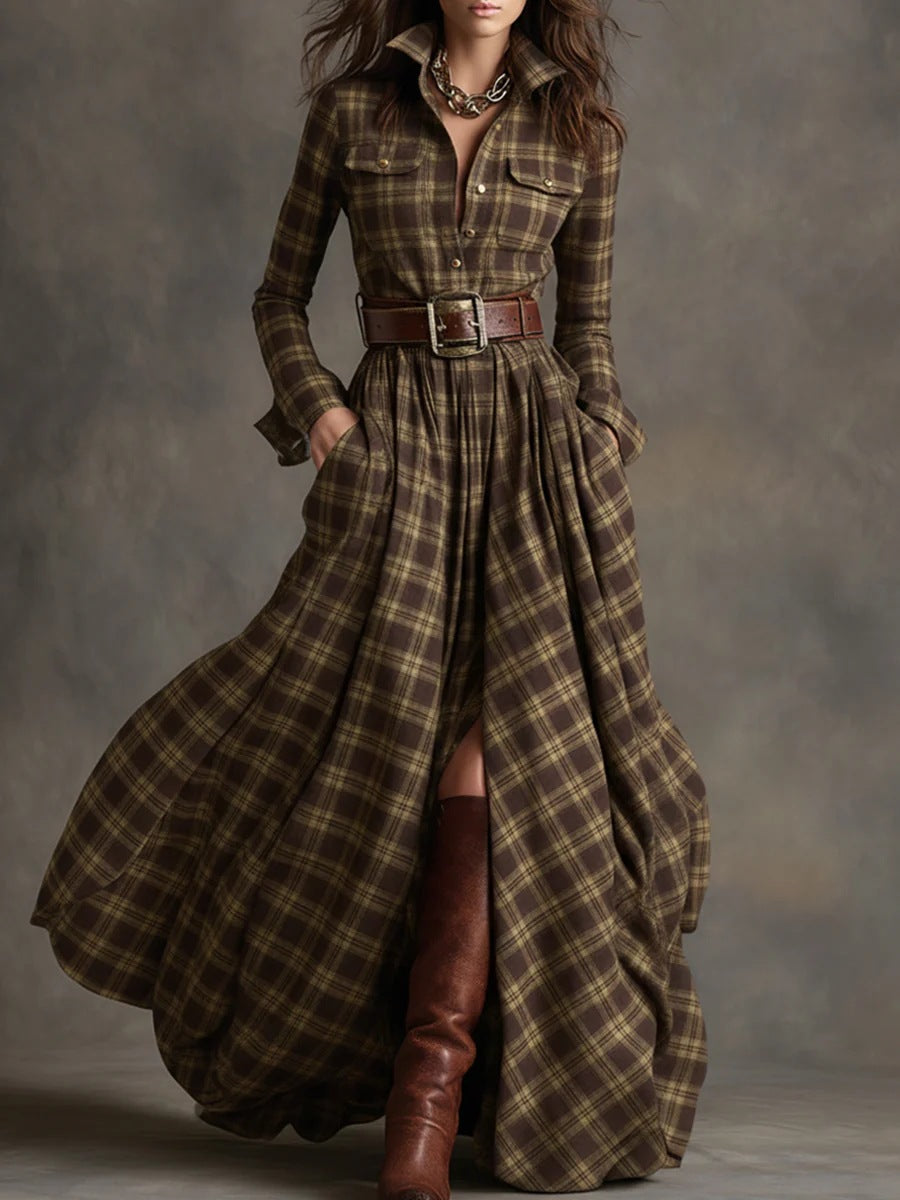 Olive plaid maxi shirt dress with button front, long sleeves, corset-style belt, front slit