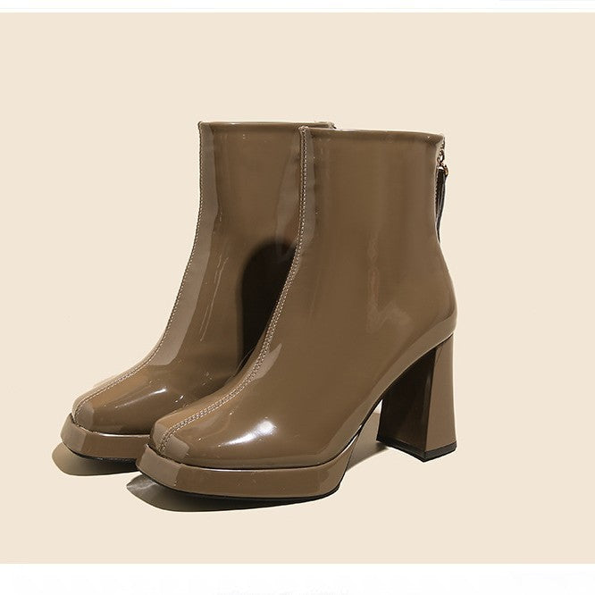 Patent Leather Ankle Boots for Women — Square Toe Platform with a Block Heel