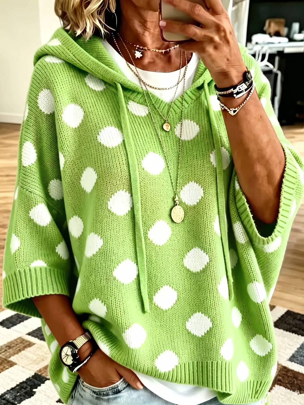 Women’s hooded wool sweater top in green with white polka dots, loose knit